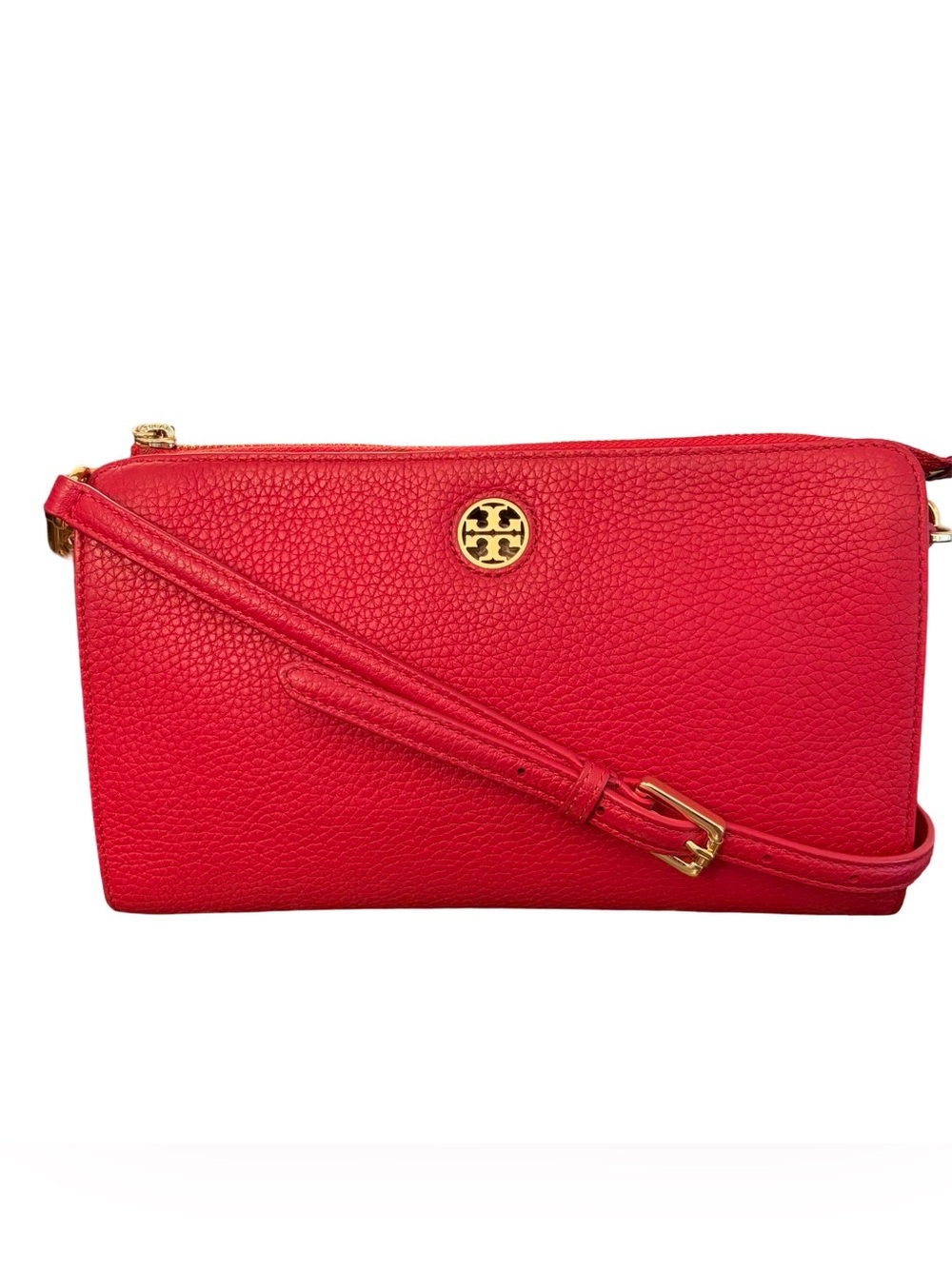 Tory Burch Liberty Red Brody Pebbled Leather Crossbody Purse Bag Gold Logo